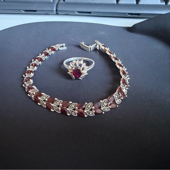 Sterling silver Garnet and Silver Floral Bracelet and Ring (size 10)